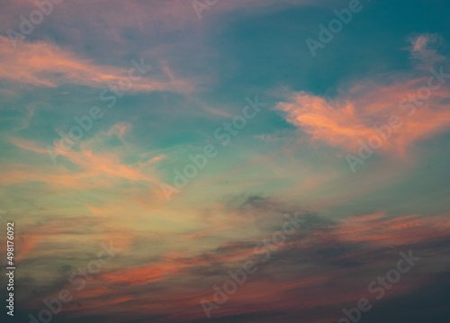 Colorful blue sky background with the orange cloud, sunset at twilight. Nature abstract concept.