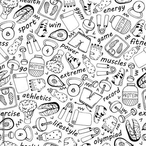 Sports equipment seamless vector pattern. Hand drawn illustration isolated on white background. Gym tools, sportswear, protein vegetable nutrition. Healthy lifestyle, monochrome sketch