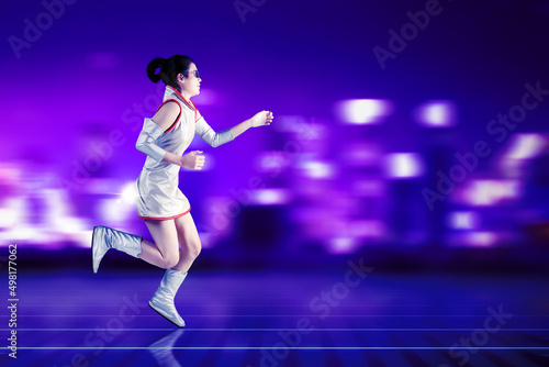 Female robot running fast in the cyberspace