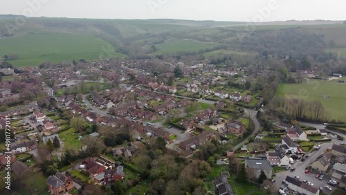 Aerial view, slow flight towards the village of Bratton in Wiltshire. photo