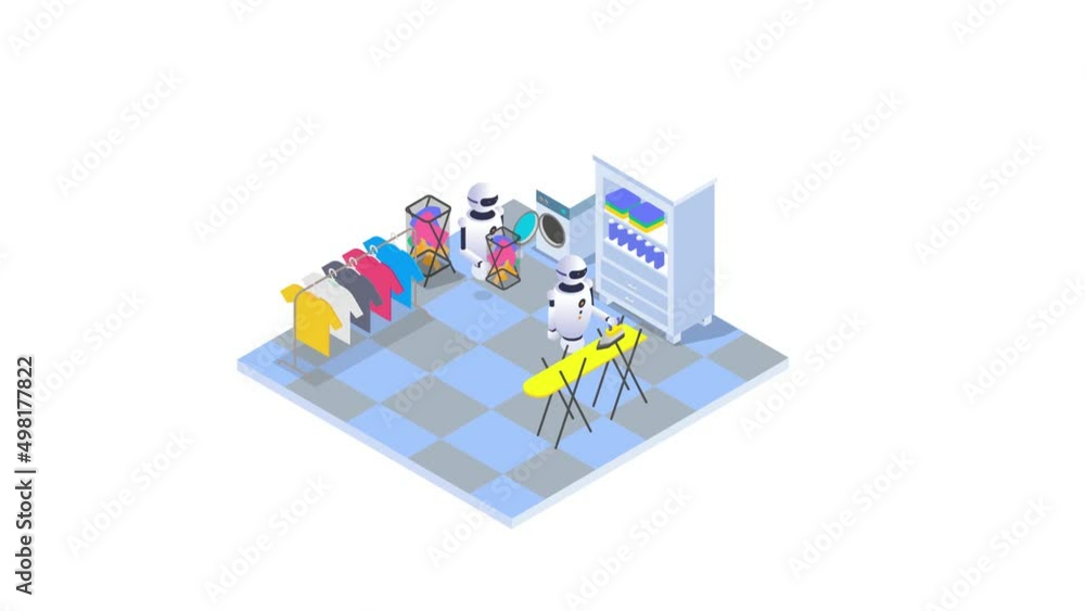 Two robots doing laundry and iron clothes Two robots doing laundry and iron clothes