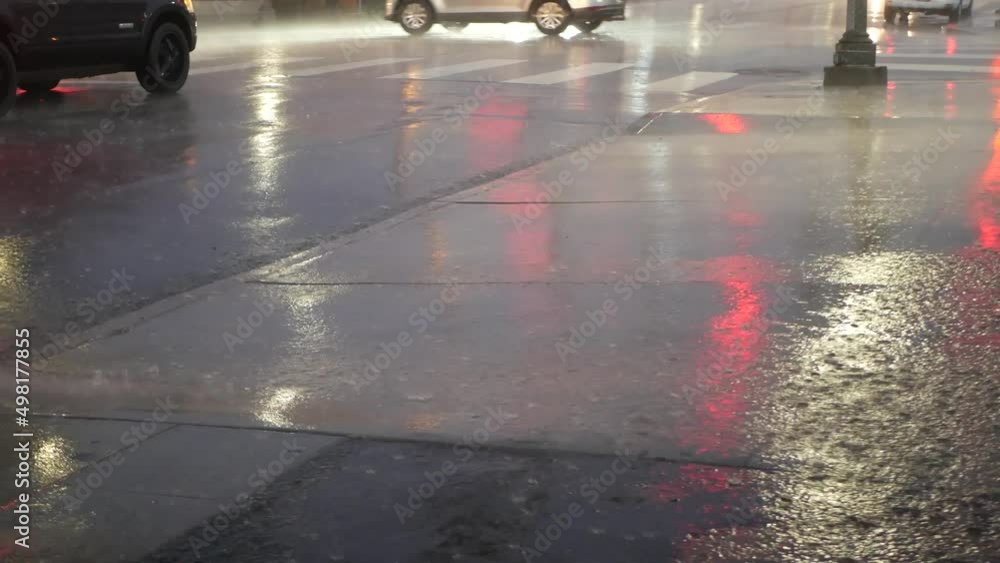 Cars lights reflection on road in rainy weather. Rain drops on wet asphalt of city street in USA, raindrops falling on sidewalk. Puddle of water on pavement. Torrential downpour or rainfall at night. Cars lights reflection on road in rainy weather. Rain drops on wet asphalt of city street in USA, raindrops falling on sidewalk. Puddle of water on pavement. Torrential downpour or rainfall at night.