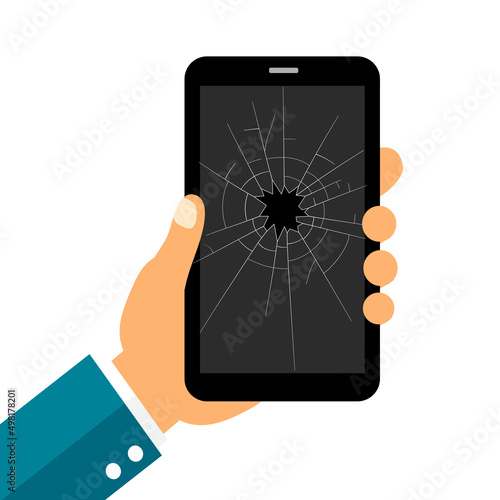 Hand holding broken screen smartphone in flat design on white background.