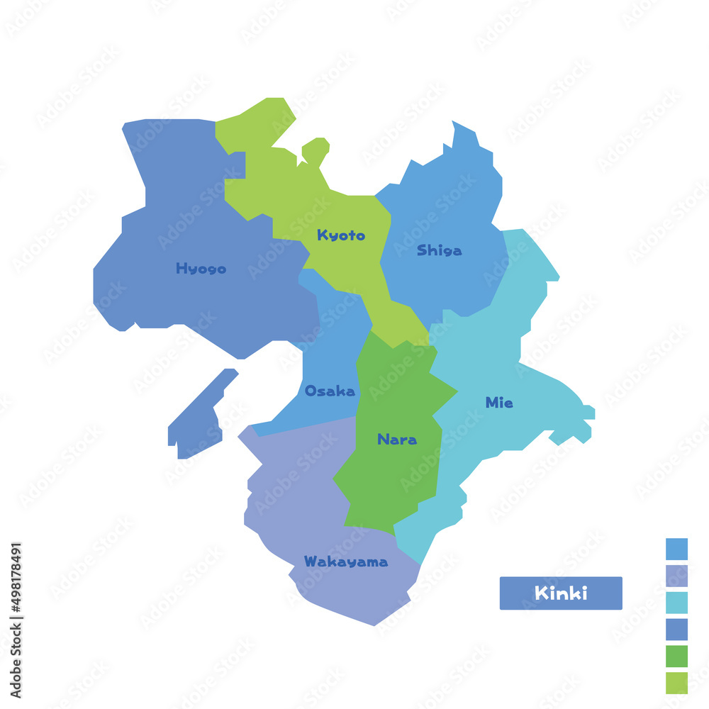 Obraz premium 日本の地域図・日本地図 近畿地方 雨の日カラーで色分けしてみた（英語版）