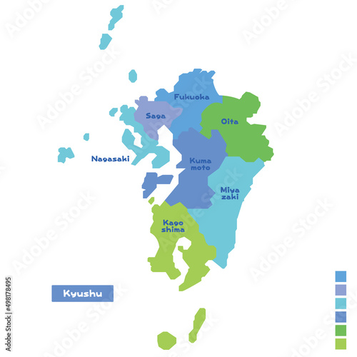 日本の地域図・日本地図 九州地方 雨の日カラーで色分けしてみた（英語版）
