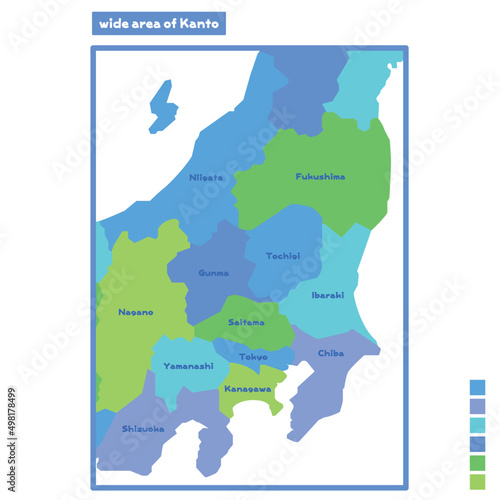 日本の地域図・日本地図 関東広域 雨の日カラーで色分けしてみた（英語版）