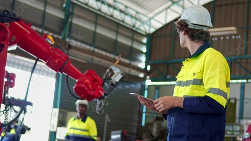  Industrial engineer, technician worker wearing uniform, safety hard hat using tablet computer checking control automated robotic arm machine in factory. Automatic manufacturing Industry concept.