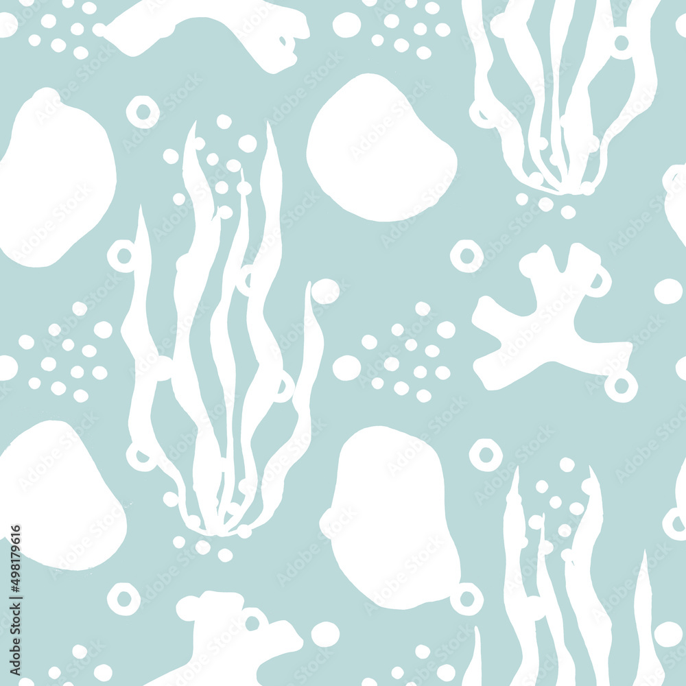 Obraz premium Sea pebbles and seaweeds seamless pattern watercolour. Coral watercolor. Sea rocks. Hand drawn painting. Marine underwater background.