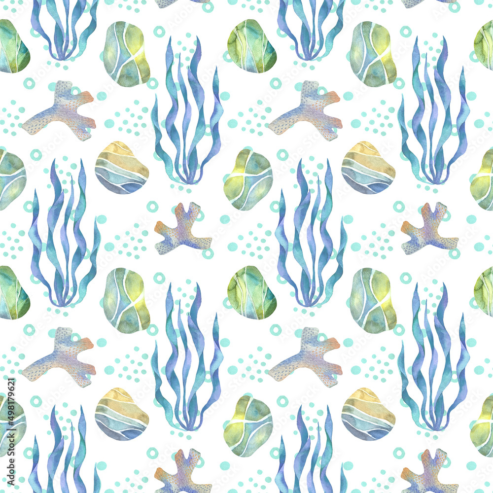 Sea pebbles and seaweeds seamless pattern watercolour. Coral watercolor. Sea rocks. Hand drawn painting. Marine underwater background. Sea pebbles and seaweeds seamless pattern watercolour. Coral watercolor. Sea rocks. Hand drawn painting. Marine underwater background.