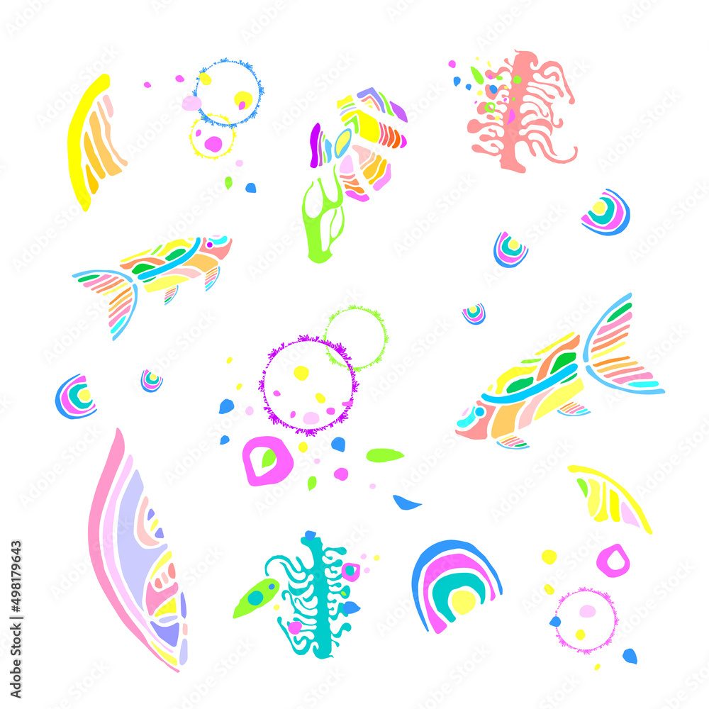 Vector composition with abstract shapes, colorful elements, sea treasures, stylized fish and seaweed. Design print and bright illustration in flat style, hand drawn.	