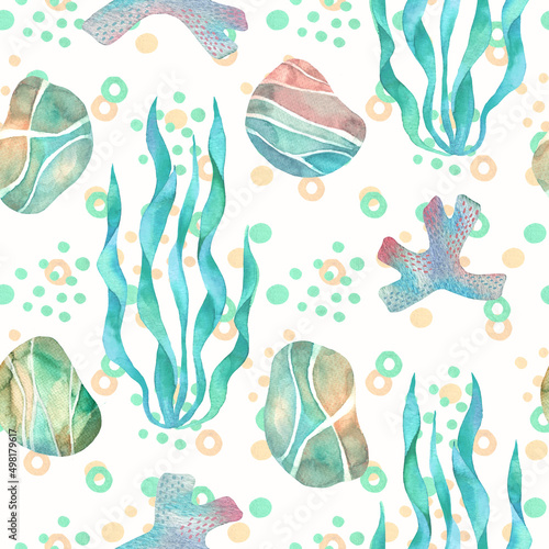 Sea pebbles and seaweeds seamless pattern watercolour. Coral watercolor. Sea rocks. Hand drawn painting. Marine underwater background.