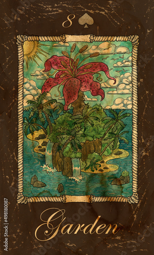 Garden. Card of Old Marine Lenormand Oracle deck. Fantasy vintage watercolor illustration with mystic symbols in nautical style, colorful graphic drawing. photo