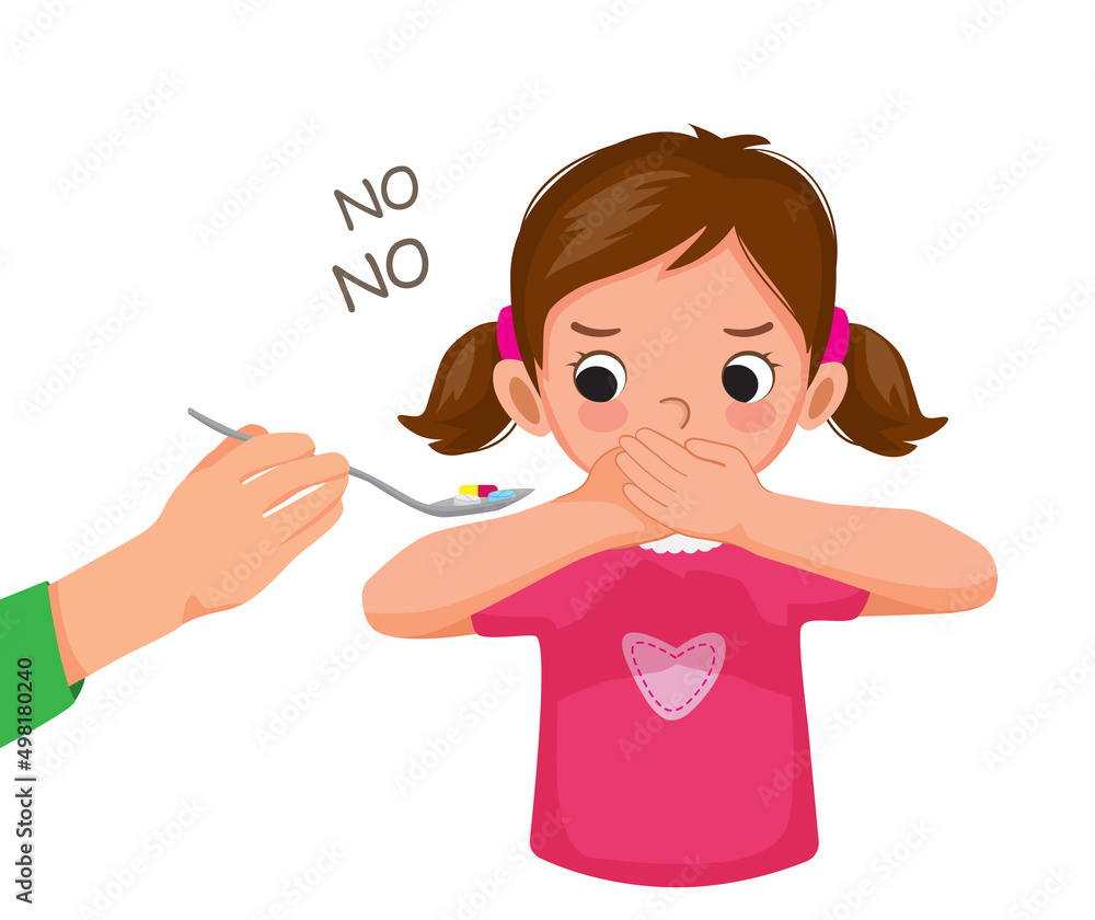 sick little girl refuses to take medicine or pills her mother giving her by covering her mouth with hands sick little girl refuses to take medicine or pills her mother giving her by covering her mouth with hands