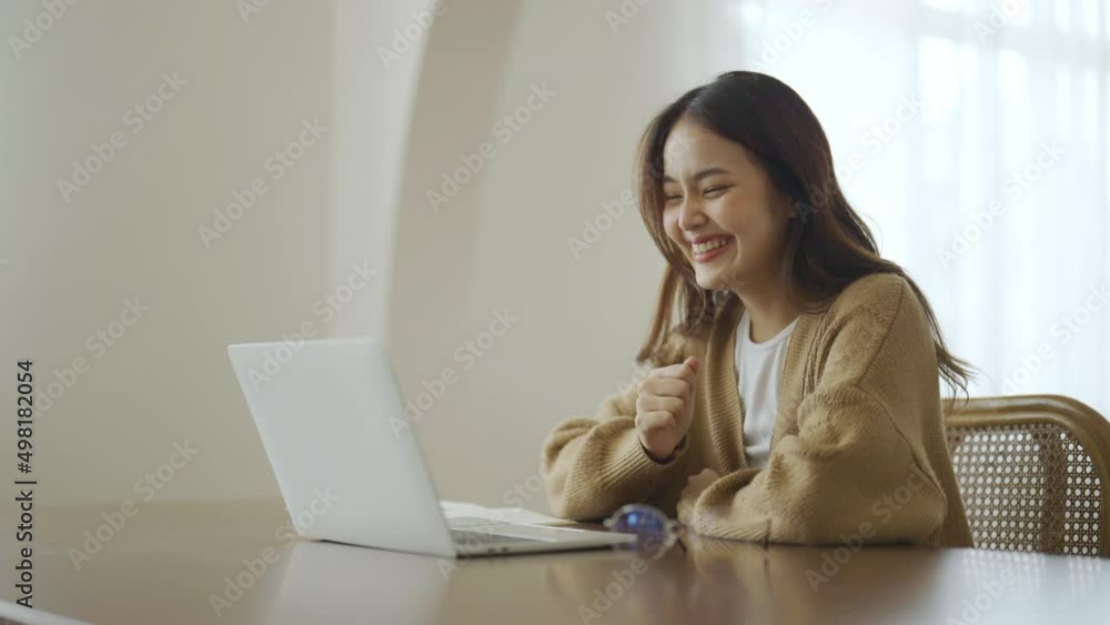 Excited asian female feeling euphoric celebrating online win success achievement result, young woman happy about good email news, motivated by great offer or new opportunity, passed exam, got a job Excited asian female feeling euphoric celebrating online win success achievement result, young woman happy about good email news, motivated by great offer or new opportunity, passed exam, got a job