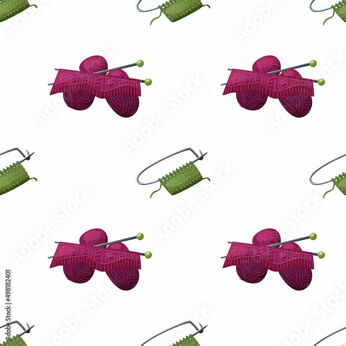 Knitting. Vector seamless pattern on a white background. Bright yarn, design.