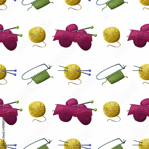 Knitting. Vector seamless pattern on a white background. Bright yarn, design.