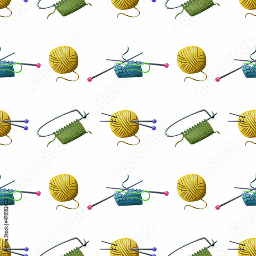Knitting. Vector seamless pattern on a white background. Bright yarn, design.