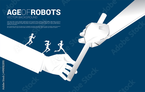 Silhouette of Businessman and businesswoman running on hand passing baton in relay race from human to robot. Business concept for age of robot and AI artificial intelligence.