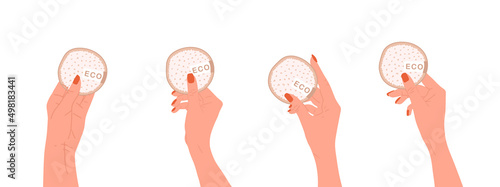 Set of washable cotton pads in female hands. Organic makeup remover wipe. Eco friendly products for skin care. Zero waste concept. Save the planet. Vector illustration in flat cartoon style.
