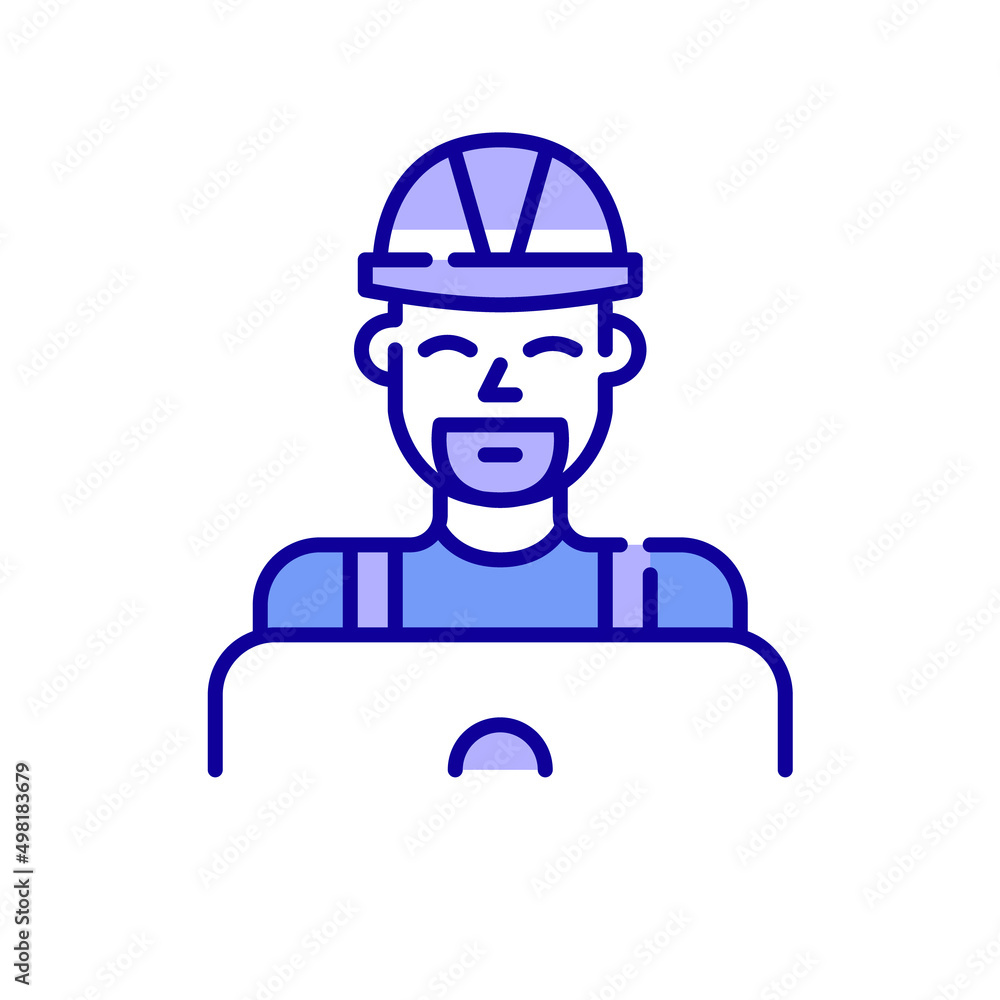 Maintenance or construction contractor finding orders online. Man in a hard hat working at a laptop. Pixel perfect, editable stroke color icon Maintenance or construction contractor finding orders online. Man in a hard hat working at a laptop. Pixel perfect, editable stroke color icon