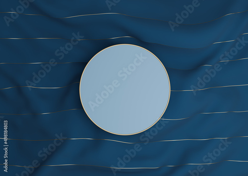 Dark  aqua blue 3D rendering luxury product display podium or stand on textile with golden threads simple composition top view flat lay from above