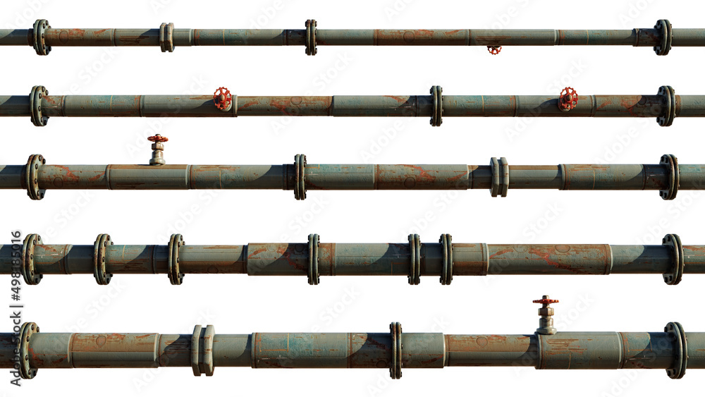 set of worn pipes isolated on a white background (pipes assortment with valves, connectors and rivets)