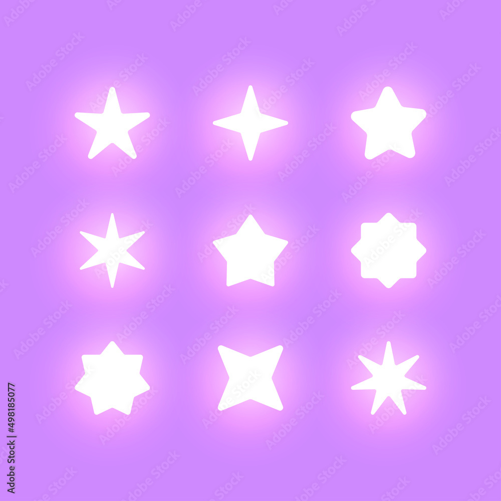 Set of stars shining in different shapes isolated on purple background. Vector illustration. Set of stars shining in different shapes isolated on purple background. Vector illustration.