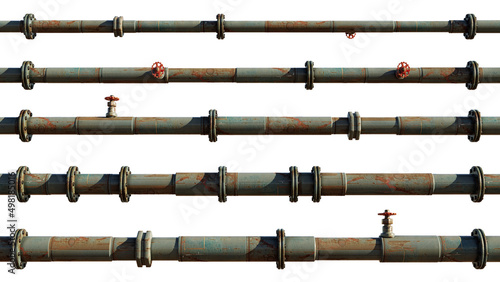 Obraz na płótnie set of worn pipes isolated on a white background (pipes assortment with valves, connectors and rivets) w salonie