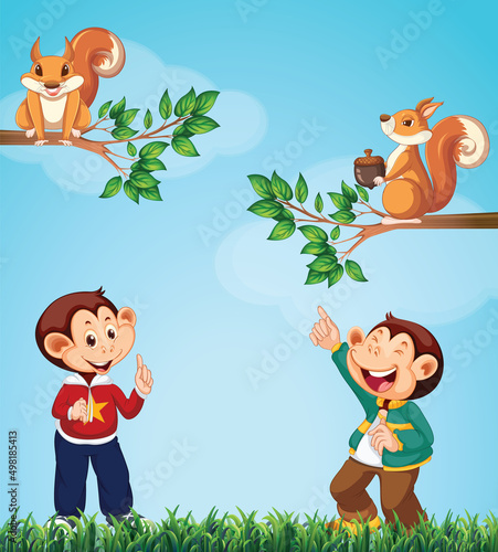 Two monkeys looking at squirrels in garden