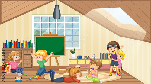 Scene of classroom with many children playing