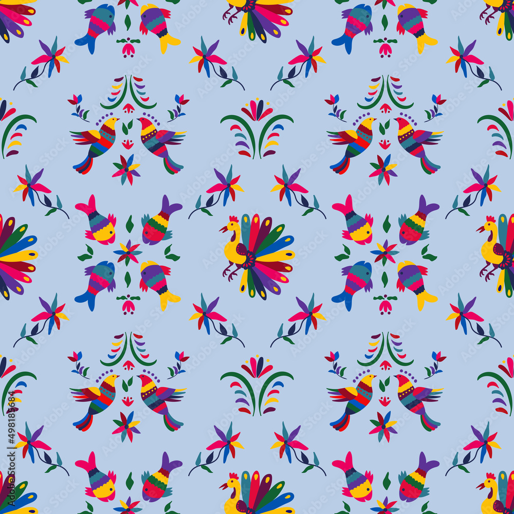 Seamless pattern with cute birds and flowers for the holiday Cinco de mayo. Endless textures for your design.	
