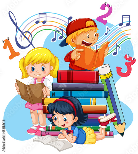 Three children are reading books on a stack of books