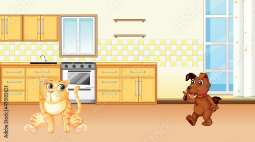 Set of different domestic animals in kitchen