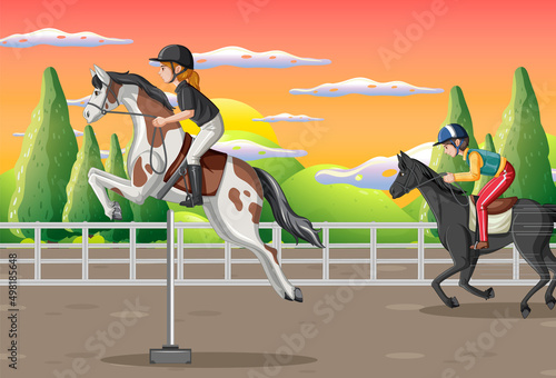 A girl riding on a horse at racecourse scene