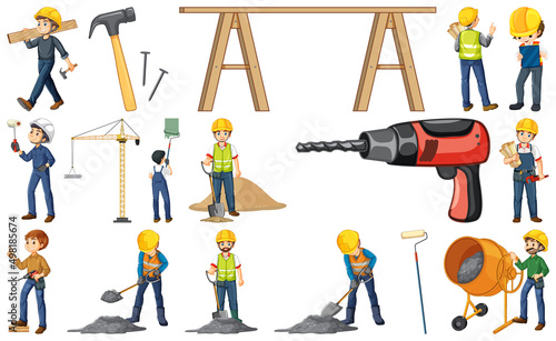 Construction worker set with man and tools