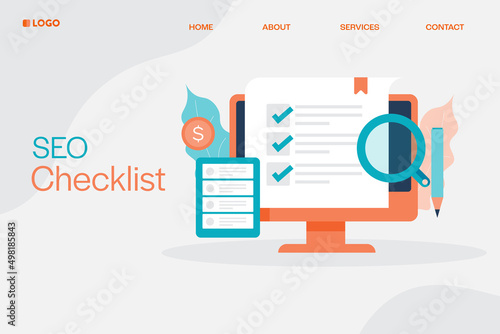 SEO checklist, business task and digital marketing do list on screen concept, flat design web banner template.