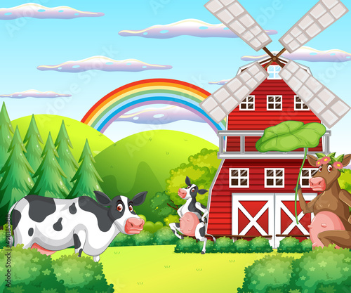 Outdoor cow farm scene with happy animals cartoon