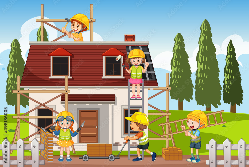 House construction site with workers cartoon