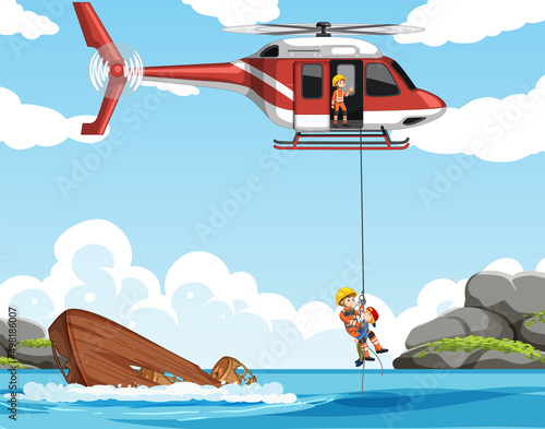 Ocean scene with firerman rescue in cartoon style