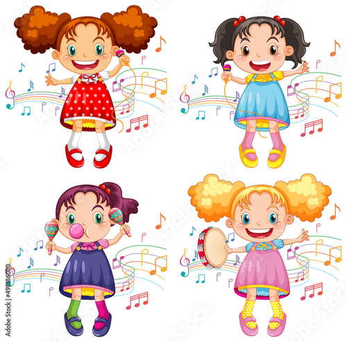 Set of happy girl with music instruments
