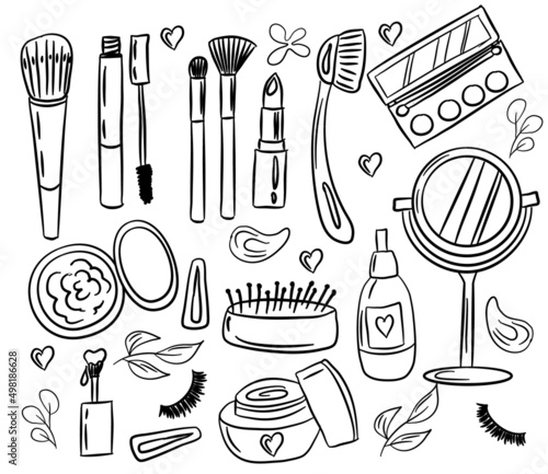 Hand-drawn set of vector cosmetics. Doodle illustration