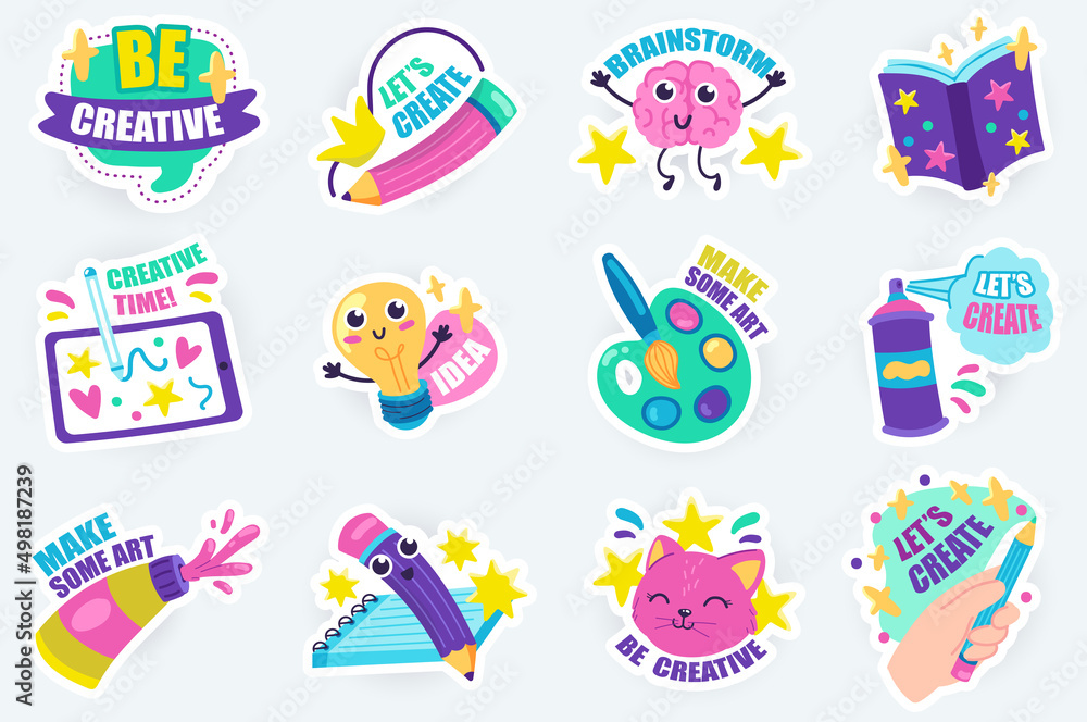 Be creative cute stickers set in flat cartoon design. Bundle of brainstorming, book reading, inspiration, idea generation, art creation and other. Vector illustration for planner or organizer template