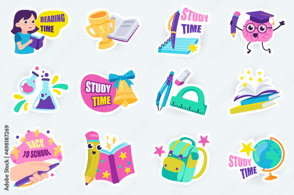 Education cute stickers set in flat cartoon design. Bundle of pupil with book, winning cup, study time, chemistry, stationery, backpack and other. Vector illustration for planner or organizer template Education cute stickers set in flat cartoon design. Bundle of pupil with book, winning cup, study time, chemistry, stationery, backpack and other. Vector illustration for planner or organizer template