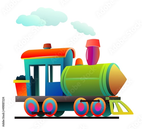 Locomotive rides on railroad. Cartoon style illustration. Cute childish. Isolated on white background. Vector