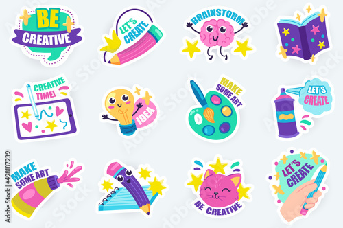 Be creative cute stickers set in flat cartoon design. Bundle of brainstorming, book reading, inspiration, idea generation, art creation and other. Vector illustration for planner or organizer template