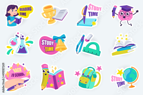 Education cute stickers set in flat cartoon design. Bundle of pupil with book, winning cup, study time, chemistry, stationery, backpack and other. Vector illustration for planner or organizer template