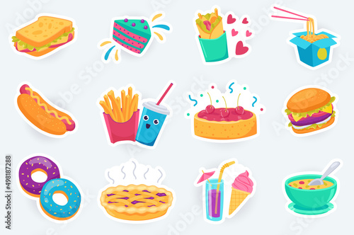 Tasty fast food cute stickers set in flat cartoon design. Bundle of sandwich, cake, burrito, noodle, hot dog, fries, cola, cherry pie and other. Vector illustration for planner or organizer template