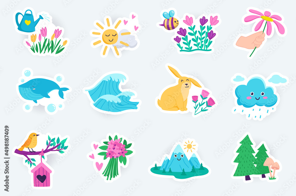 Naklejka premium Nature cute stickers set in flat cartoon design. Bundle of sun, cloud, flower, whale, ocean wave, rabbit, rain, bird, mountains, forest and other. Vector illustration for planner or organizer template