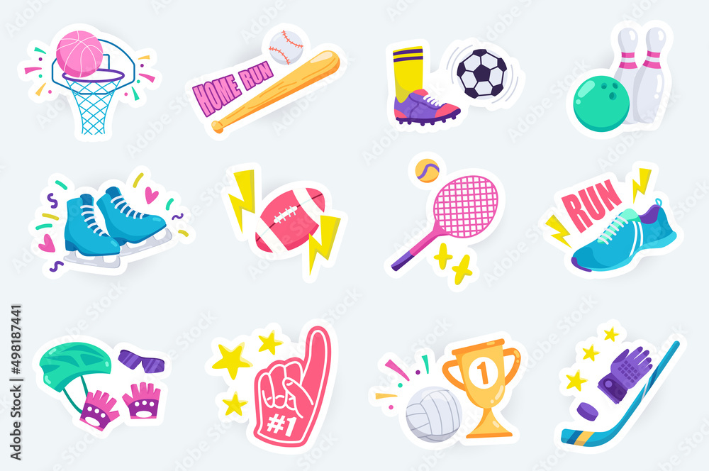 Sports cute stickers set in flat cartoon design. Bundle of basketball,  baseball, football, bowling, skating, tennis, running, cycling and other.  Vector illustration for planner or organizer template Stock Vector