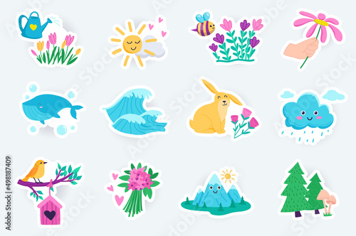 Nature cute stickers set in flat cartoon design. Bundle of sun, cloud, flower, whale, ocean wave, rabbit, rain, bird, mountains, forest and other. Vector illustration for planner or organizer template